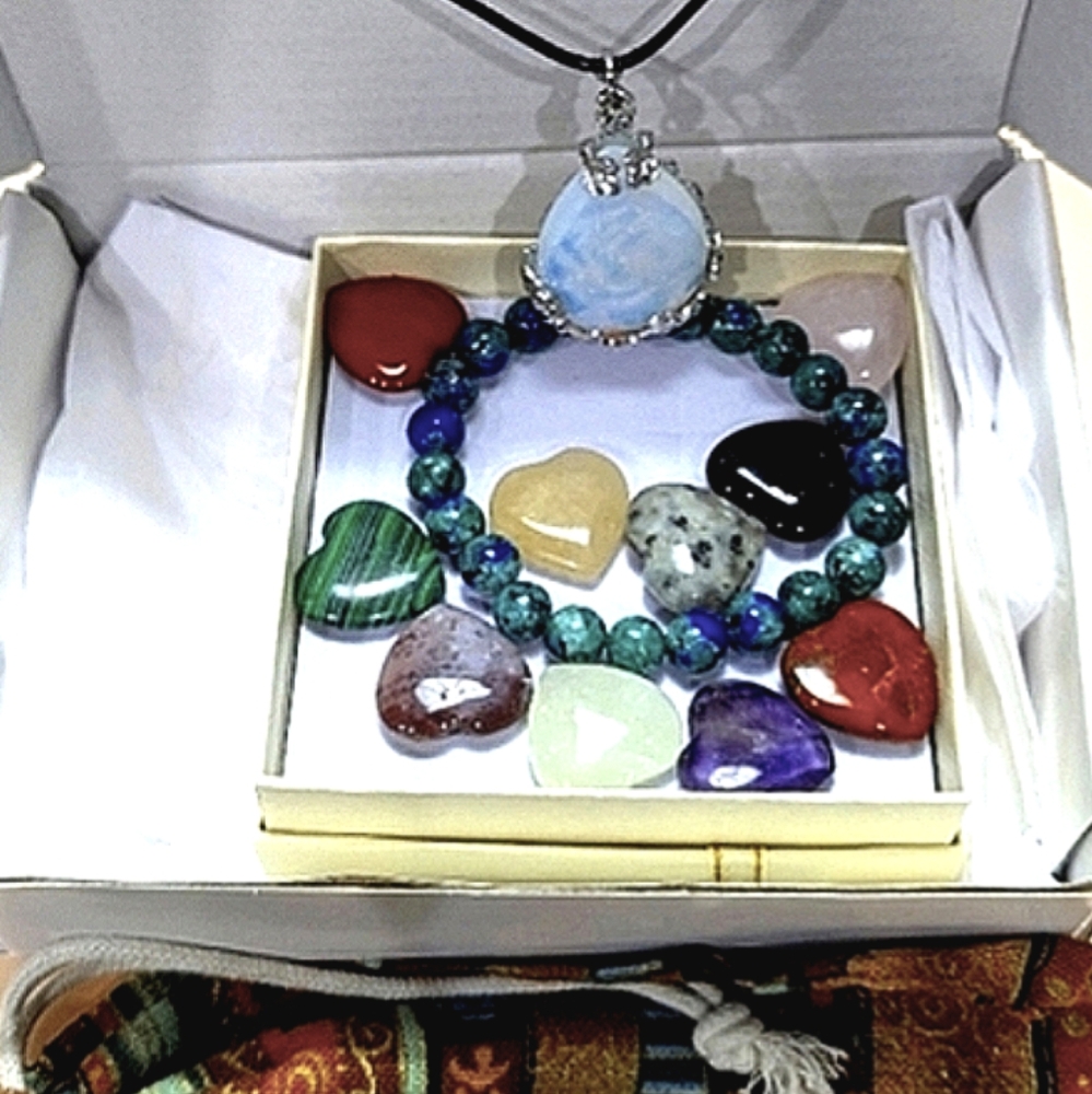 Chakra Stone Jewelry Heart Shaped Quartz Crystal Chakra Necklace Bracelet - Picture 10 of 14